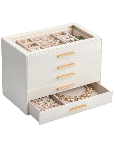 Lolalet Jewelry Box Organizer, 5-Layer Jewelry Organizers and Storage Case with Glass Lid, Ring Earring Bracelet Necklace Holder Organizer, Birthday Valentine Gifts for Women Girls -5Layer, Beige - color: Beige, size: 5-Layer