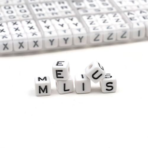 MELIUS 252Pcs 10x10mm Acrylic Large Letter Beads, Square Big Alphabet Paracord Beads for Jewelry Making, DIY Necklaces Collars, Key Chains, Bracelets (White)