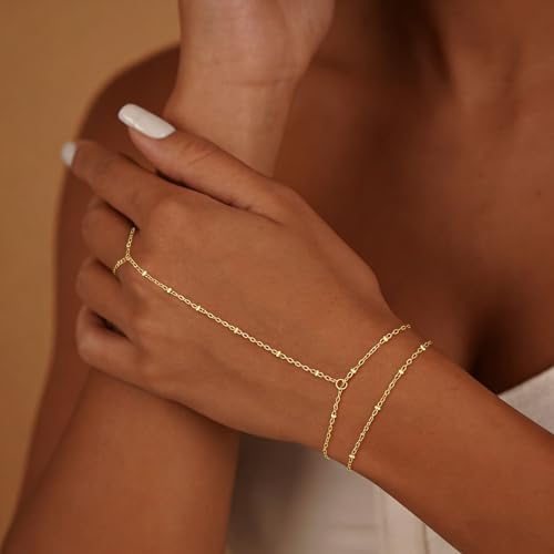 Gold Bracelets for Women Trendy, Dainty Gold Hand Chain Bracelet Stack 14k Gold Plated Finger Ring Bracelet Hand Chain Cz Layered Beaded Gold Bracelets for Women Non Tarnish Gold Jewelry Gift - style: layered satellite bracelet-gold