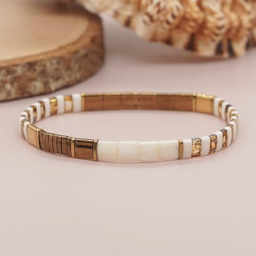 Tila Beaded Stretch Strand Bracelets for Women, Cute Boho Stackable Handmade Colorful Mixed Flat Square Beads Elastic Beach Surfer Bracelet Trendy Jewelry Friend Gift - color: 0901L