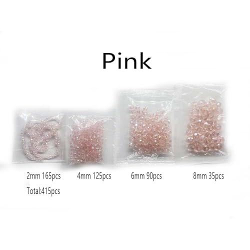 415pcs Rondelle Crystal Glass Beads 2mm 4mm 6mm 8mm Mixed Sizes, Faceted Briolette Spacer Czech Seed Loose Beads for DIY Jewelry Making (Pink) - color: PInk