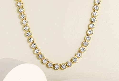 Gemsme 18K White Gold Plated Halo Necklace 5.0mm Round Cubic Zirconia Classic Tennis Necklace - color: Yellow Gold, size: 16 inch