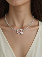 18K Gold Plated Buckle Necklace with Heavy Screw Anchor Shackle Wheat Chain Two Tone Carabiner 17.7 Inch Stainless Steel Foxtail Chain - color: Silver