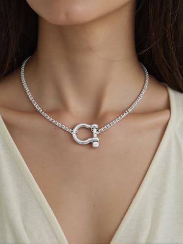 18K Gold Plated Buckle Necklace with Heavy Screw Anchor Shackle Wheat Chain Two Tone Carabiner 17.7 Inch Stainless Steel Foxtail Chain - color: Silver
