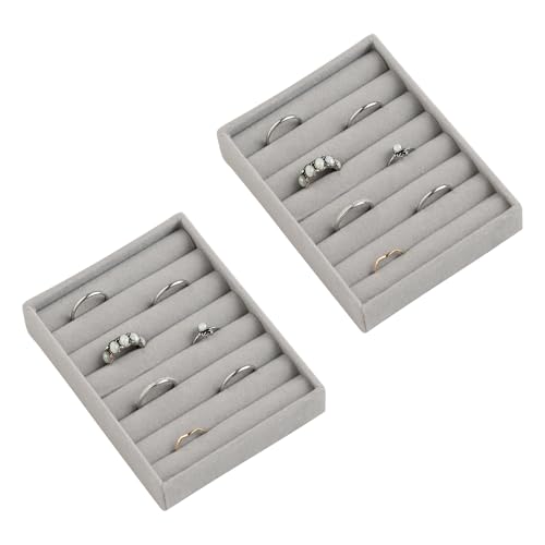 Frebeauty Small Jewelry Tray Set,Velvet Ring Organizer,Stackable Jewelry Organizer Tray,Mini Jewelry Drawer Organizer,4.92 x 3.74 x 0.9 Inches,7 Slots Ring Tray for Women(Set 2,Grey) - color: Grey, size: 7 Slots Set 2
