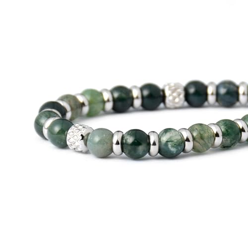 Ganbatte Handmade Beaded Bracelet, Natural Stone and Silver Stainless Steel, Boho Style Women's Jewelry - color: Moss Agate