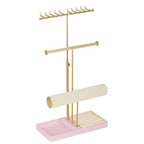 Tirzah 3-Tier Adjustable Gold Jewelry Holder Organizer Stand with 20 Necklace Hooks, 18 Earring Holes and Notches, Bracelet Holder, 6 Ring Rolls, Pink Tray for Girls, Women - color: Gold & Pink, for Necklace Earring Bracelet