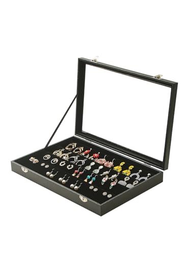 Coward Earring Organizer Tray Box, Black Velvet Earring Jewelry Display Storage Tray Case with Transparent Glass Lid for Home Drawer or Shop Selling - color: Black Velvet, size: Earring Box