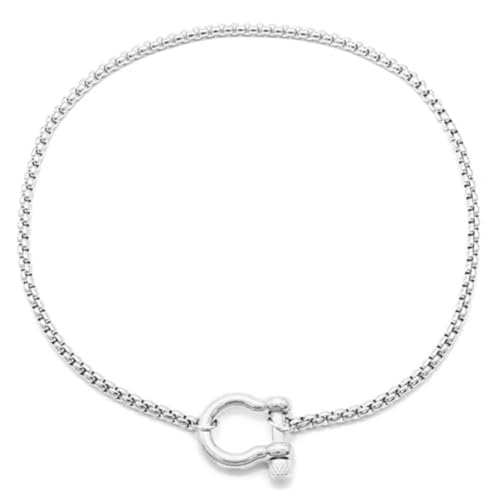 18K Gold Plated Buckle Necklace with Heavy Screw Anchor Shackle Wheat Chain Two Tone Carabiner 17.7 Inch Stainless Steel Foxtail Chain - color: Silver