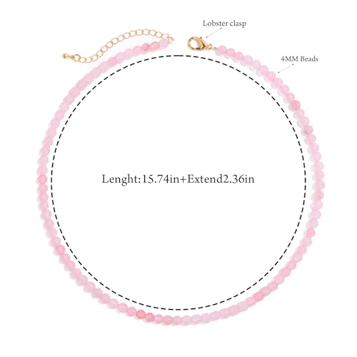 Crystal Choker Necklaces for Women,4mm Handmade Natural Stone Choker Beaded Necklace Healing Crystal Necklace Gemstone Bead Necklaces for Women - color: Rose Quartz