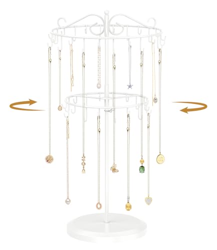 MODOWEY Necklace Holder Organizer Rotating Display, 42 Hooks Stand Adjustable Tree for Long Chain Storage, 2 Tier Tabletop Metal Hanger Rack for Men Women, No More Tangled Pendant Jewelry, White - color: White
