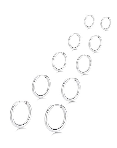 5 Pairs Small Huggie Hoop Earrings for Women, Stainless Steel Lightweight Hypoallergenic Silver/Gold Earrings for Sensitive Ears, Stackable Cartilage Hoop, Minimalist Everyday Jewelry (6/8/10/12/14mm) - color: 5 Pairs Silver - 6/8/10/12/14mm