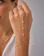 PAVOI 14K Gold Plated Hand Chains for Women - Adjustable Hand Chain Bracelet and Ring - Trendy Gold Handchain Bracelet Stack Summer Jewelry - Beads, Pearl, and Cubic Zirconia Body Jewelry - style: Bezel