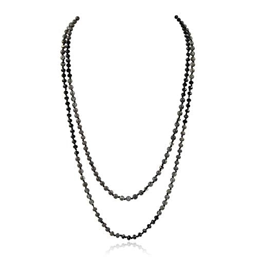 Bead Strand Versatile 60" Long Wrap Necklace - Handmade Knotted Multi Layer Sparkly Crystal, Semi Precious Natural Stone, Lava, Glass Faux Pearl - color: Natural Stone & Sparkly Bead Mix - Black