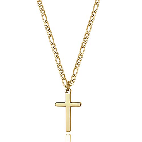 Joxevyia 14K Gold Filled Cross Necklace for Men Figaro Chain Stainless Steel Polished Cross Pendant Necklace Simple Baptism Faith Jewelry Gift - size: 20 inches, style: small cross (1.0"*0.6")