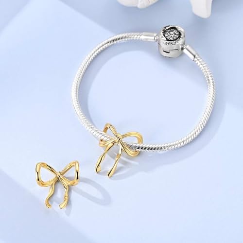 LAZA 925 Sterling Silver Charm for Bracelet Necklace Dangle Love Mom Butterfly Party Charm Beads Pendants DIY Jewelry for Women - color: Bow Tie（Gold）
