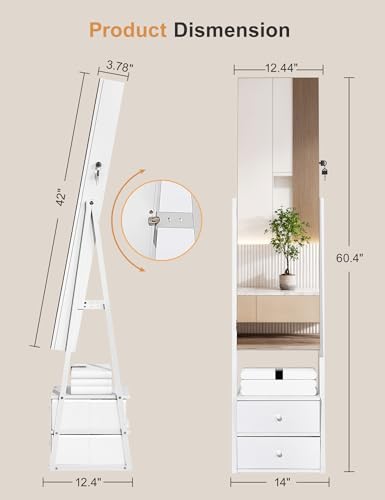 Nicetree Jewelry Cabinet Armoire with 2 Drawers, Lockable Standing Mirror Jewelry Cabinet, Full Length Mirror with Jewelry Storage, Gift Idea, White - color: White