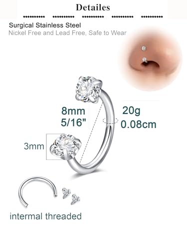 QWALIT Piercing Taper Threadless Insertion Tool - Titanium Labret Pin 16g, 18g, 20g - color: C3 - Silver 20g 8mm 3pcs