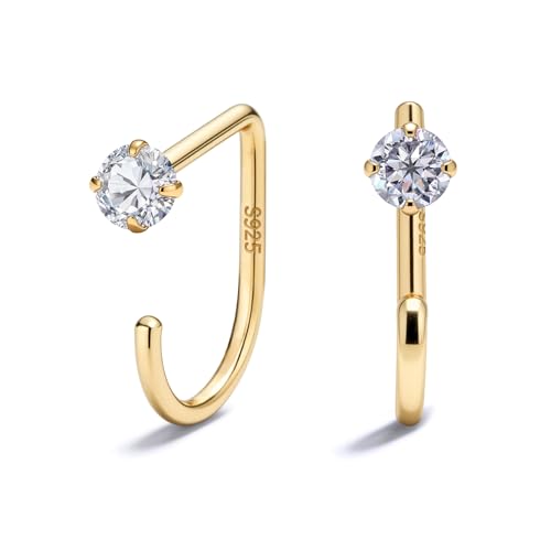 925 Sterling Silver 14K Gold Plated Huggie Half Hoop Earrings — Sleep-Friendly Poke-Free Hypoallergenic Stackable Earring — Comfortable & All Day Wear - color: CZ-Yellow Gold
