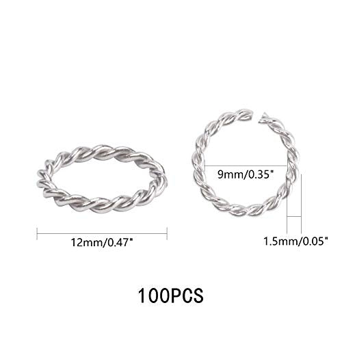 UNICRAFTABLE 100pcs 304 Stainless Steel Close but Unsoldered Jump Rings Open Jump Rings Twisted Connector Rings for Necklace DIY Jewelry Making 12x1.5mm