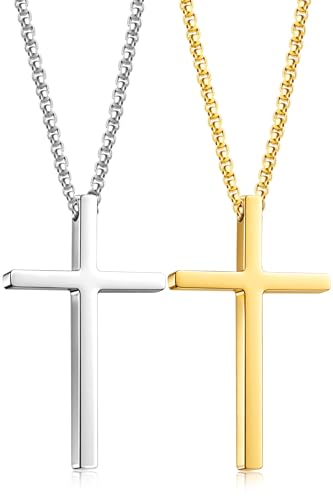 Romass 2 Pcs Cross Necklace for Men Boys,Stainless Steel Pendants Silver Black Gold Crosses Chain Jewelry Gifts Box 16-30 inches - size: 16 in, style: 2Pcs(silver+gold) 1.7 "* 1.0'' pendant