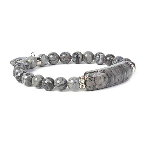 Justinstones Gem Semi Precious Gemstone Love Heart Charm Stretch Beaded Bracelet Unisex - color: Black Lace Agate