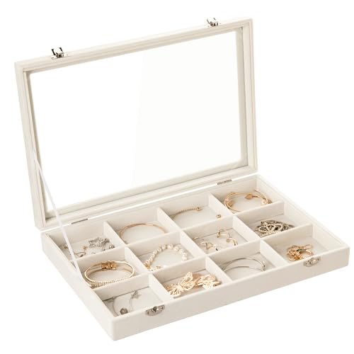 Frebeauty Velvet Jewelry Tray,12 Grid Jewelry Organizer with Clear Lid,Bracelets Holder,Jewelry Display Case with Clasp,Drawer Insert Bangle Brooch,13.8 x 9.5 x 2 Inches,Gift for Women Girls(Beige) - color: Beige, size: 12 Grid