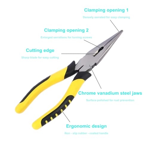 8-Inch Needle Nose Pliers: Paper Clamp Precision, Premium Heavy-Duty CRV Steel, Large Soft Grip with Wire Cutter,Chrome Vanadium Steel Long Nose Cutting Pliers