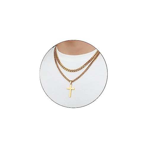 SENRAN Layered Cross Necklace for Men Boys Stainless Steel Layered Cuban Link Chain 16-24 inch Christian Cross Pendant Religious Jewelry Gifts - color: Gold, style: 20inch/22inch