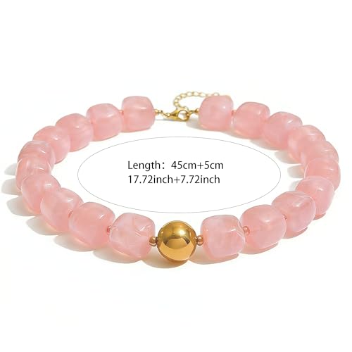 Colorful Beaded Choker Necklace for Women Boho Large Square Acrylic Beaded Necklace Adjustable Surfer Beach Strand Necklces Summer Jewelry Accessories - color: Pink