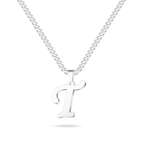 LUXEJEW Initial A-Z Letter Necklace for Men Boys Women, Stainless Steel Cuban Link Chain Letter Pendant Necklaces Capital Monogram Necklace Jewelry Gifts for Men 20+2 Inches - color: Silver, size: Letter T