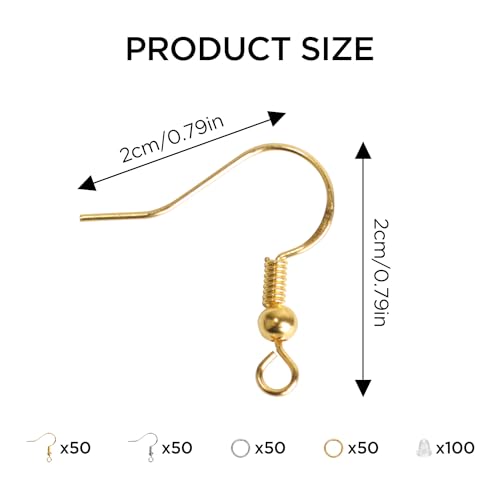 300PCS 925 Sterling Silver Earring Hooks, Gold Earring Hooks, Stainless Steel Ear Wires Fish Hook, Hypoallergenic Earring Making kit with Clear Silicone Backs Stoppers and Jump Rings(Gold and Silver)