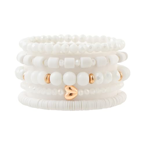 RISHEGAE Heishi Beaded Stretch Bracelets for Women Stackable Polymer Clay Beads Bracelets Friendship Boho Summer Beach Bracelet Jewelry Set - color: B-White Bracelet