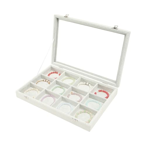 Coward Jewelry Organizer Tray Box, Grey Beige Velvet 12 Grids Bracelet Bangle Necklace Jewelry Display Tray Case with Transparent Glass Lid for Home Desk Drawer or Store Selling Show - color: Grey Beige Velvet, size: 12Grids Box