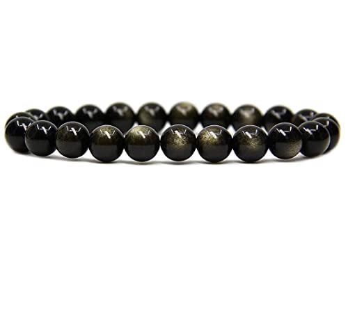 Angelstones Handmade Natural Healing Gemstone 8mm Round Beads Stretch Crystal Bracelet 7 Inch Unisex - color: Golden Obsidian