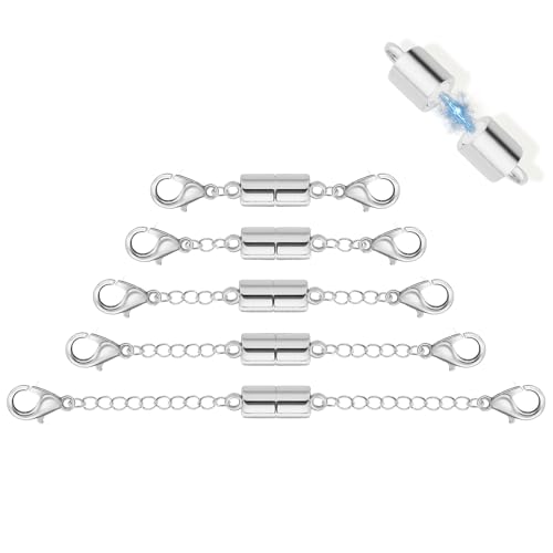 5Pcs Silver Magnetic Necklace Extender, Magnetic Necklace Clasps and Closures with Extender Chains, Adjustable Necklace Extenders, Bracelet Extender, Chain Extension for Necklaces, Multiple Sizes - color: Silver