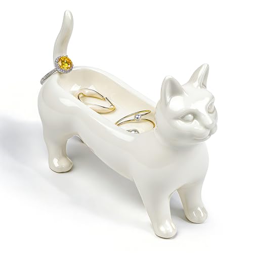 PUDDING CABIN Minimalist Ceramic Cat Ring Holder - Elegant White Jewelry Tray for Rings, Earrings & Necklaces, Unique Cat Lover Gifts for Women, Mom, Bestie, Cute Home Decor for Vanity & Nightstand - style: Siamese Jewelry Holder
