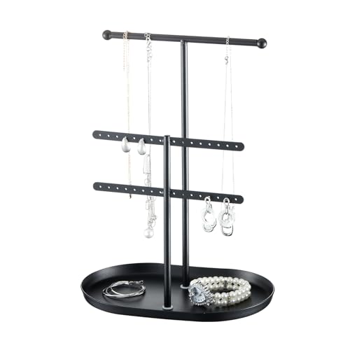 Saydear Elegant Jewelry holder Organizer 2-Tier Display Storage Stand for Earrings Necklaces with Ring Tray Spacious and Durable, Easy to Assemble Black - color: Black