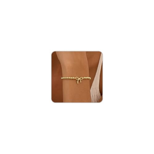 Mothers Day Gifts - Beaded Bracelets for Women 14K Silver Gold Plated Stretch Handmade Ball Bracelets Cute Charm Bracelet Dainty Stackable Cross Heart Bow Wave CZ Circle Trendy Jewelry Easter Gifts - color: bow