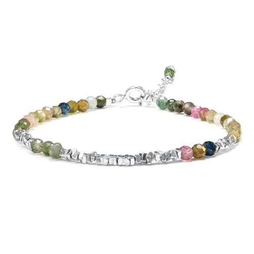 Natural Crystal Cut Bead Bracelet, 925 Silver Faceted Gemstone Jewelry for Women, Handmade Chakra Design Gift for Birthday Christmas Daily Wear - color: Multicolor Tourmaline