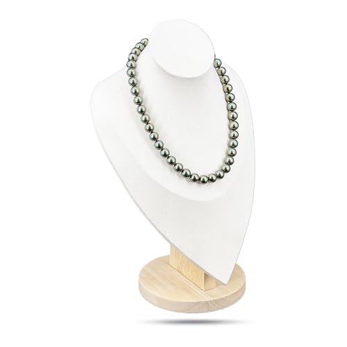11.5" Solid Oak Jewelry Necklace Bust Display Stand for Vendors - Beige Microfiber - Wooden Mannequin Chain Holder - Large - color: Beige, size: 11.5" Tall, style: Light Oak