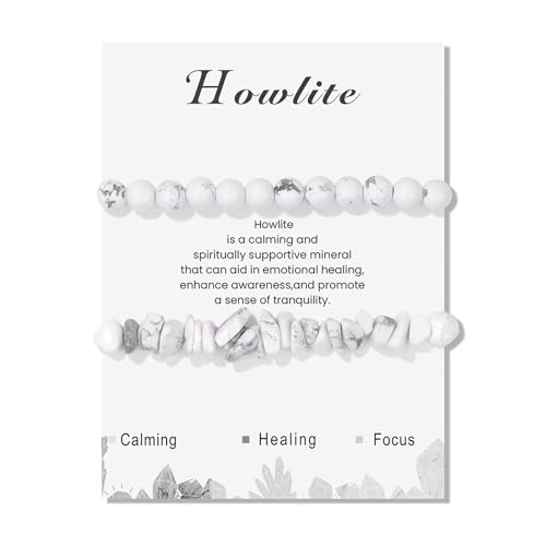 Healing Crystal Bracelets for Women 2 PCS 6mm Natural Stone Bracelet Stretch Crystal Beaded Bracelets Handmade Gemstone Bracelet Jewelry Gifts Christmas Gifts for Women Girls - style: howlite