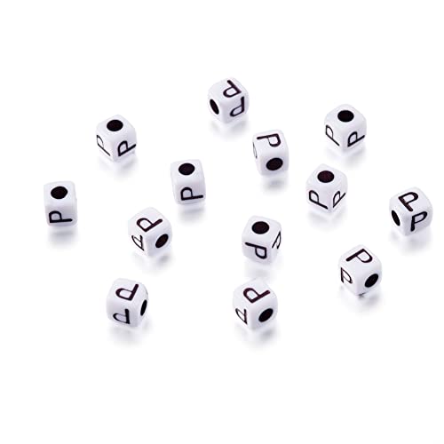 240pcs Opaque Acrylic Letter P Cube Beads White Plastic Alphabet Loose Spacer Square Beads 4-5mm for DIY Name Bracelet Necklace Jewelry Crafts Making Hole: 1.8mm - color: Letter P#White and Black