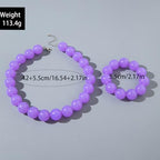 Colorful Chunky Beaded Necklace for Women Acrylic Bead Choker Necklaces Fashion Large Round Beads Necklaces for Women Handmade Summer Jewelry - color: Purple bracelet + necklace
