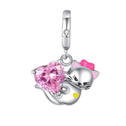 925 sterling silver Bead Charm for Pandora bracelets and Necklaces - Cute Heart Animal Ocean Pendant Bead Charms with Cubic Zirconia Mother's Day Jewelry Making DIY Gifts for Women Wife/Girlfriend - color: Playful Kitten Charm
