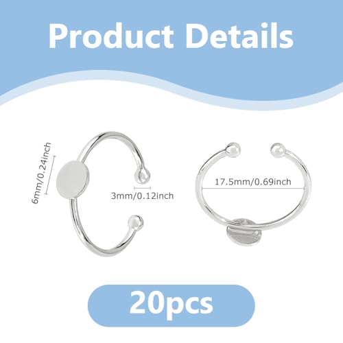 DICOSMETIC 20Pcs Adjustable Blank Ring Platinum Pad Ring Base Half Round Cabochon Ring Brass Bezel Trays Rings Open Cuff Ring Finger Ring Settings Component for DIY Rings Making - color: Platinum