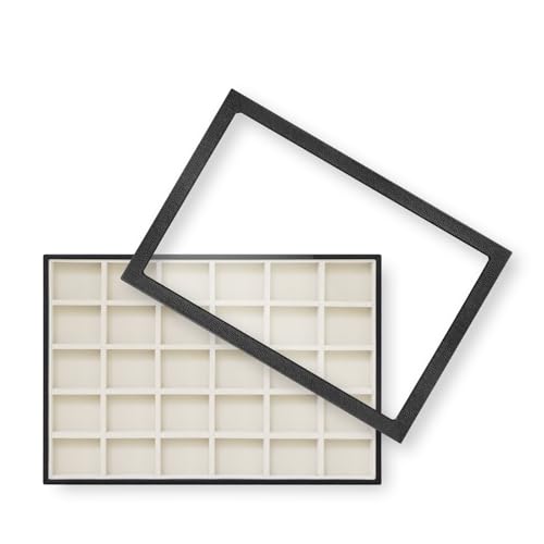 Wudygirl Jewelry Organizer 30 Grid Jewelry Tray with Lid Earring Holder Organizer for Women Ring Earring Bracelet Holder Storage (Pu Black Beige) - color: PU-BlackBeige, size: 1 Pcs+Lid
