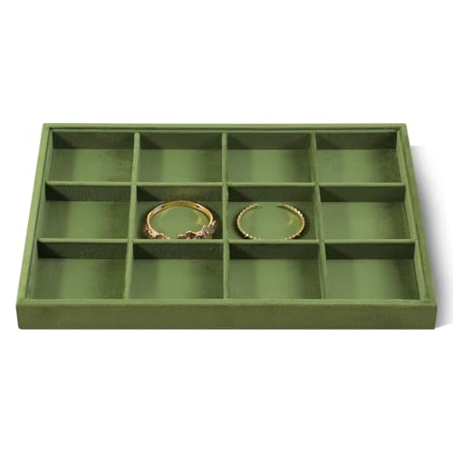 Velvet Stackable Jewelry Display Tray, 12 Grid Watch Bangle Bracelet Storage Tray, Makeup Drawer Insert Jewelry Shop Organizer Plate (Olive Green) - color: Olive Green, size: 12 Slot Bracelet Tray