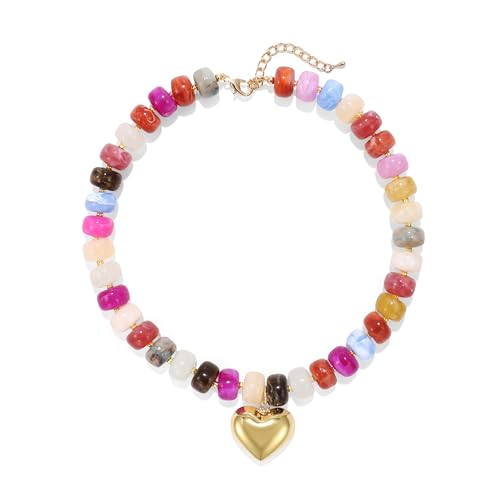 Chunky Heart Necklace for Women, Colorful Acrylic Beaded Statement Puff Heart Necklace, Cute Boho Y2K Choker Necklace for Gift Jewelry - color: Multi Colors-03