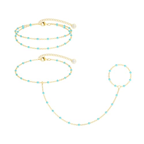 CHESKY 14K Gold Plated Hand Chain Bracelets for Women Set - Dainty Finger Ring Bracelet Stack Adjustable Hand Chains Durable Beaded Bracelets Trendy Simple Body Jewelry Gift for Women - style: 3color bracelet-gd